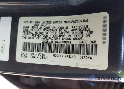 2010 Toyota Corolla Le from USA, damaged, VIN 1NXBU4EE8AZ330841